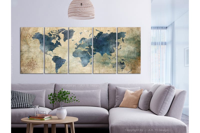Tavla Retro Map 5 Parts Narrow 200X80 Blå|Flerfärgad|Beige - Artgeist sp. z o. o. - Inredning & dekor - Tavlor & konst - Canvastavla