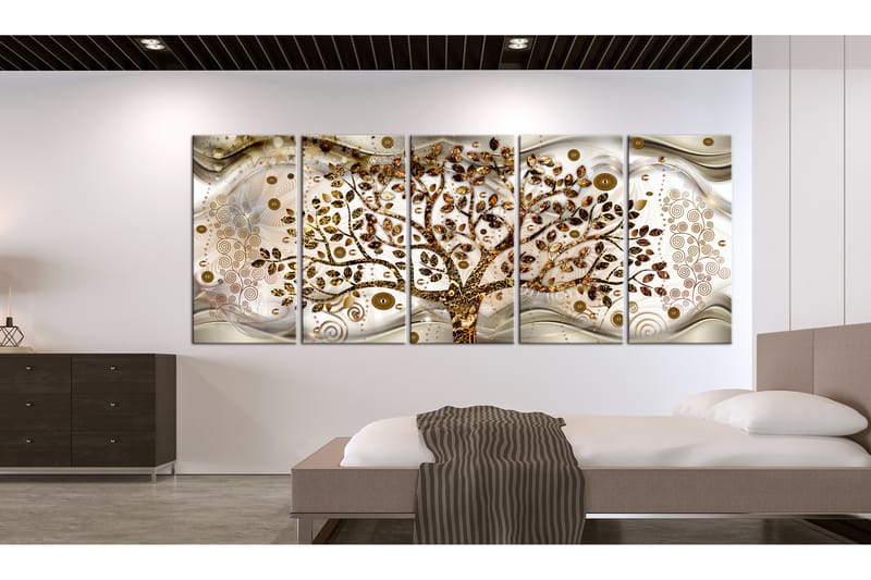 Tavla Tree And Waves 5 Parts Brown 200X80 Guld|Beige - Artgeist sp. z o. o. - Canvastavla