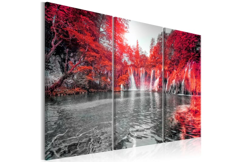 Tavla Waterfalls Of Ruby Forest 120X80 Röd|Grå - Artgeist sp. z o. o. - Canvastavla