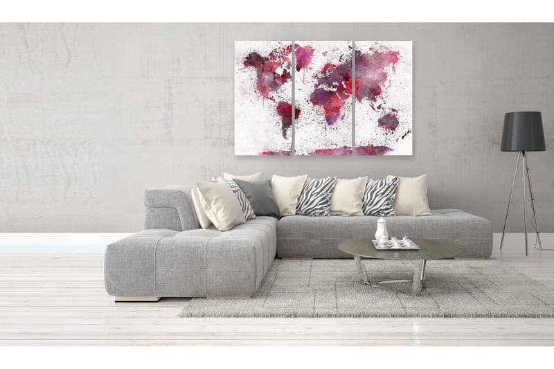 Tavla World Map Red Watercolors 3 Parts 90X60 Rosa|Lila - Artgeist sp. z o. o. - Inredning & dekor - Tavlor & konst - Canvastavla