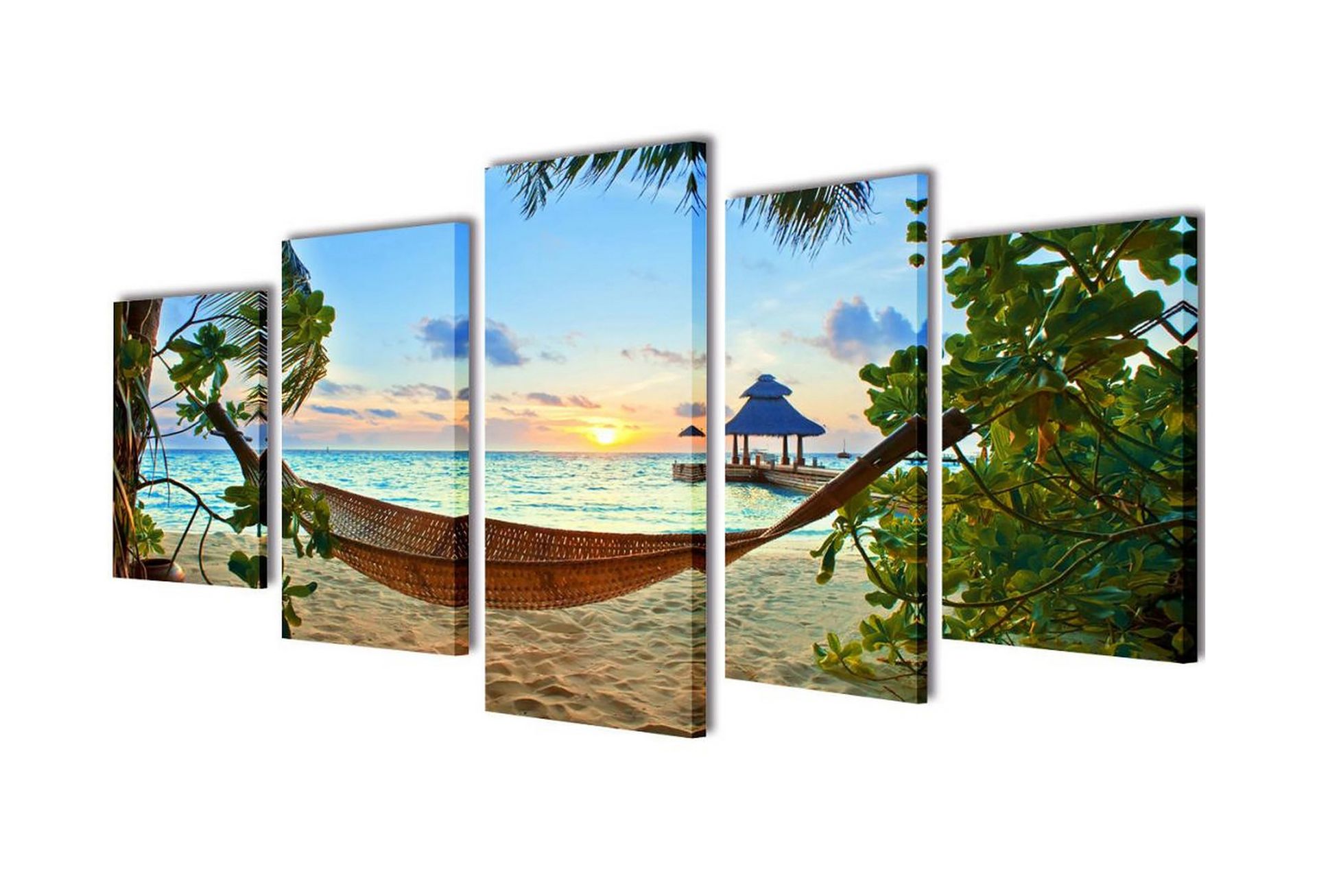 Uppsättning väggbonader på duk sandstrand med hängmatta 100x - Flerfärgad