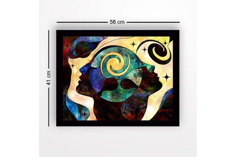 Inramad Canvastavla i trä - 41x56 cm - Abstrakt komposition av ansikten med spiraler och stjärnor - Mörkblå / Turkos / Röd - Inredning & dekor - Tavlor & konst