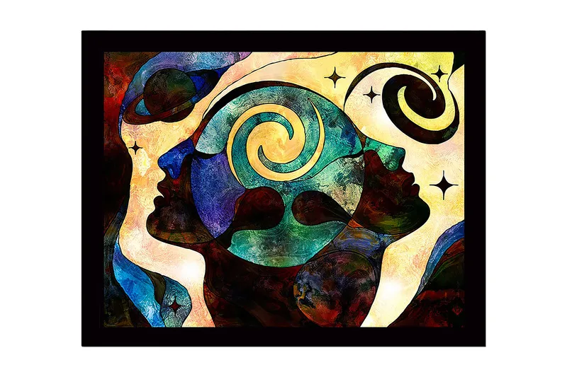 Inramad Canvastavla i trä - 41x56 cm - Abstrakt komposition av ansikten med spiraler och stjärnor, Mörkblå / Turkos / Röd