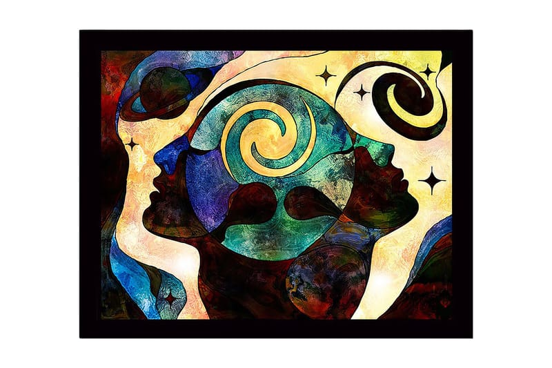 Inramad Canvastavla i trä - 41x56 cm - Abstrakt komposition av ansikten med spiraler och stjärnor, Mörkblå / Turkos / Röd