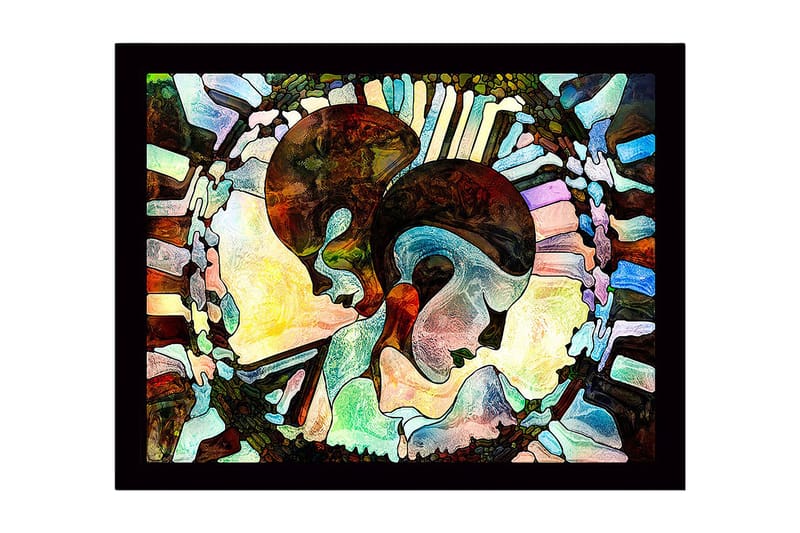 Inramad Canvastavla i trä - 41x56 cm - Abstrakt komposition av två ansikten som förenas, Mörkbrun / Ljusblå / Beige