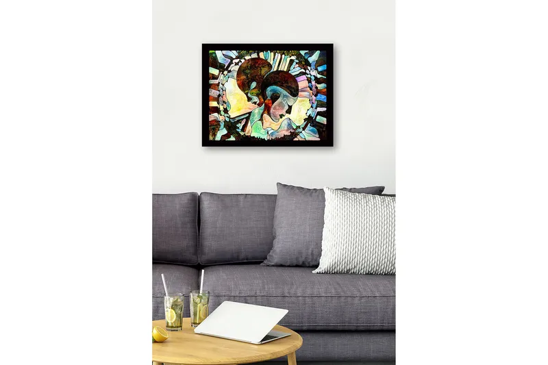 Inramad Canvastavla i trä - 41x56 cm - Abstrakt komposition av två ansikten som förenas - Mörkbrun / Ljusblå / Beige - Inredning & dekor - Tavlor & konst