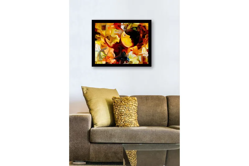 Inramad Canvastavla i trä - 41x56 cm - Abstrakt komposition med ansikten i kontrasterande färger - Guld / Orange / Mörkbrun - Inredning & dekor - Tavlor & konst