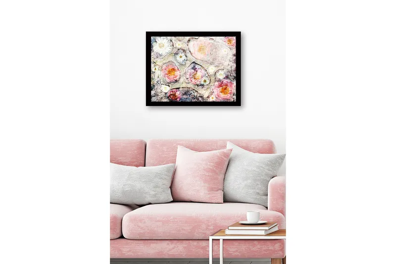 Inramad Canvastavla i trä - 41x56 cm - Abstrakt komposition med blommor i mjuka färger - Rosa / Vit / Grå - Inredning & dekor - Tavlor & konst