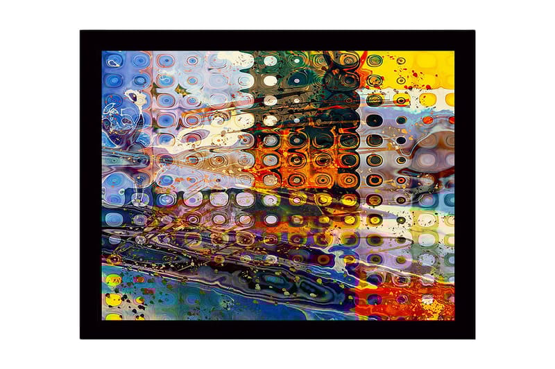 Inramad Canvastavla i trä - 41x56 cm - Abstrakt komposition med cirkulära former och färgglada mönster, Blå / Orange / Gul