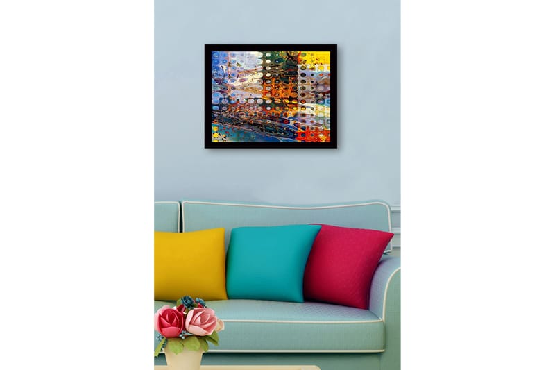 Inramad Canvastavla i trä - 41x56 cm - Abstrakt komposition med cirkulära former och färgglada mönster - Blå / Orange / Gul - Inredning & dekor - Tavlor & konst