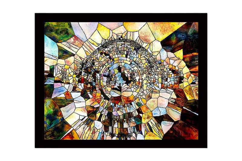 Inramad Canvastavla i trä - 41x56 cm - Abstrakt komposition med cirkulära former och mosaikliknande struktur, Guld / Brunt / Blått