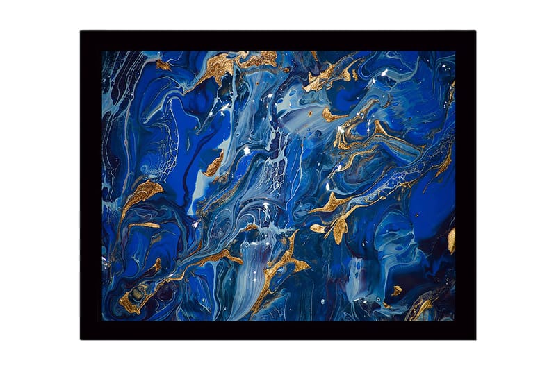 Inramad Canvastavla i trä - 41x56 cm - Abstrakt komposition med djupa blå nyanser och guldinslag, Mörkblå / Ljusblå / Guld