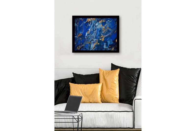 Inramad Canvastavla i trä - 41x56 cm - Abstrakt komposition med djupa blå nyanser och guldinslag - Mörkblå / Ljusblå / Guld - Inredning & dekor - Tavlor & konst