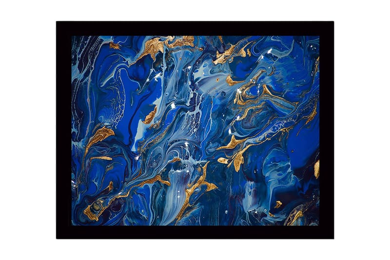 Inramad Canvastavla i trä - 41x56 cm - Abstrakt komposition med djupa blå nyanser och guldinslag, Mörkblå / Ljusblå / Guld