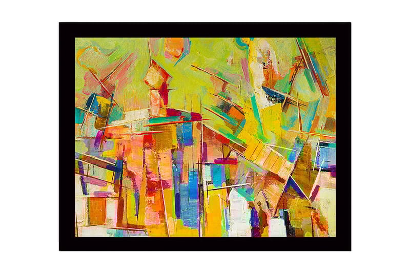 Inramad Canvastavla i trä - 41x56 cm - Abstrakt komposition med färgglada geometriska former, Gul / Orange / Blå