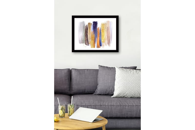 Inramad Canvastavla i trä - 41x56 cm - Abstrakt komposition med färgglada penseldrag - Guld / Blå / Grå - Inredning & dekor - Tavlor & konst