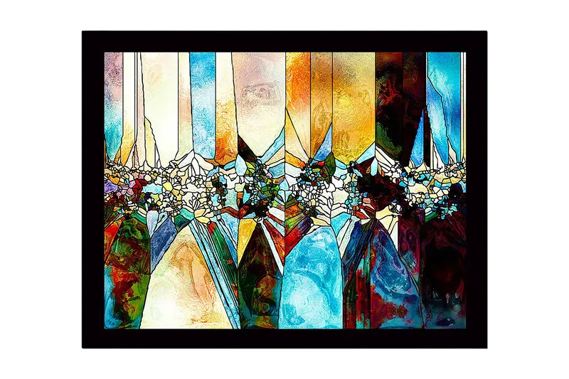 Inramad Canvastavla i trä - 41x56 cm - Abstrakt komposition med geometriska former och färgade sektioner, Blå / Orange / Grön