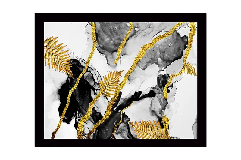 Inramad Canvastavla i trä - 41x56 cm - Abstrakt komposition med guldiga ormbunksblad och svarta inslag - Guld / Svart / Grå - Inredning & dekor - Tavlor & konst