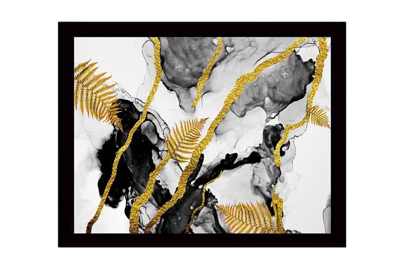 Inramad Canvastavla i trä - 41x56 cm - Abstrakt komposition med guldiga ormbunksblad och svarta inslag - Guld / Svart / Grå - Inredning & dekor - Tavlor & konst