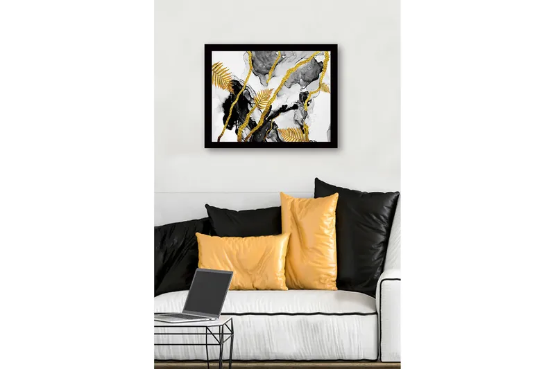 Inramad Canvastavla i trä - 41x56 cm - Abstrakt komposition med guldiga ormbunksblad och svarta inslag - Guld / Svart / Grå - Inredning & dekor - Tavlor & konst