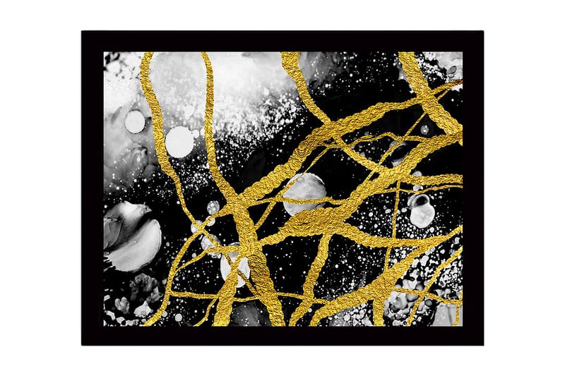 Inramad Canvastavla i trä - 41x56 cm - Abstrakt komposition med gyllene linjer och svarta och vita inslag, Guld / Svart / Vitt