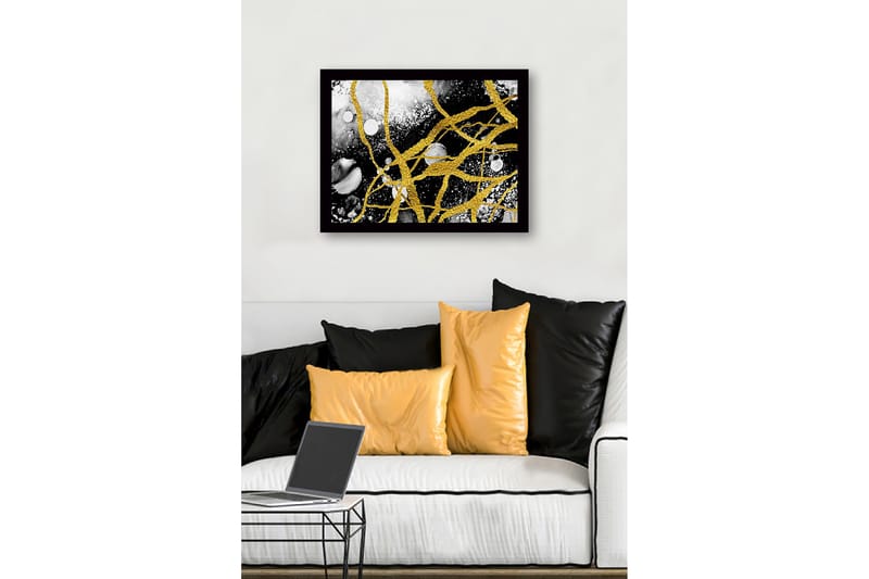 Inramad Canvastavla i trä - 41x56 cm - Abstrakt komposition med gyllene linjer och svarta och vita inslag - Guld / Svart / Vitt - Inredning & dekor - Tavlor & konst
