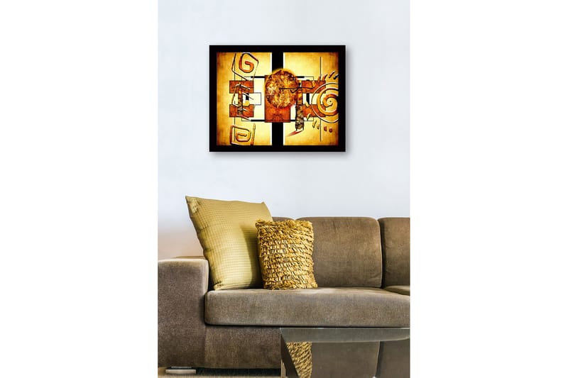 Inramad Canvastavla i trä - 41x56 cm - Abstrakt komposition med solsymbolik och geometriska former - Guld / Orange / Brun - Inredning & dekor - Tavlor & konst