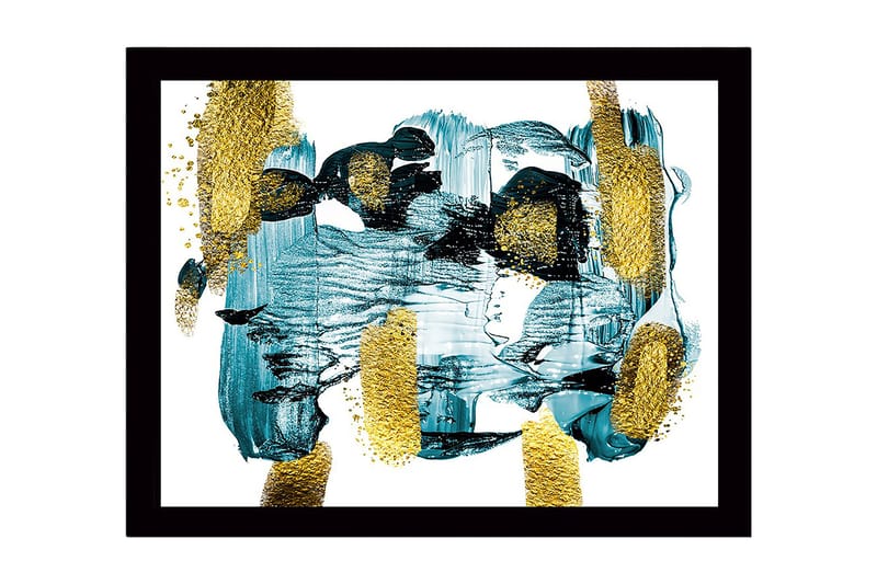 Inramad Canvastavla i trä - 41x56 cm - Abstrakt komposition med turkosa och gyllene inslag, Turkos / Guld