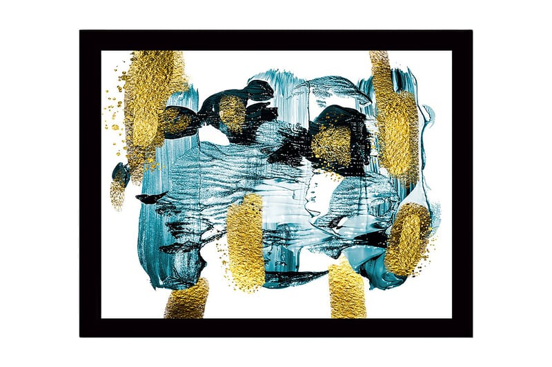 Inramad Canvastavla i trä - 41x56 cm - Abstrakt komposition med turkosa och gyllene inslag, Turkos / Guld
