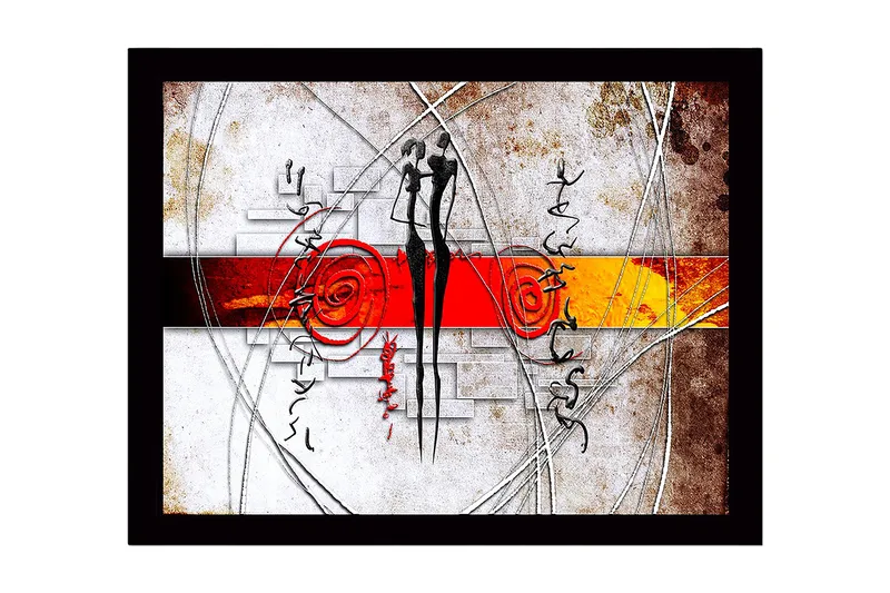 Inramad Canvastavla i trä - 41x56 cm - Abstrakt komposition med två stiliserade figurer i samspel, Röd / Svart / Orange