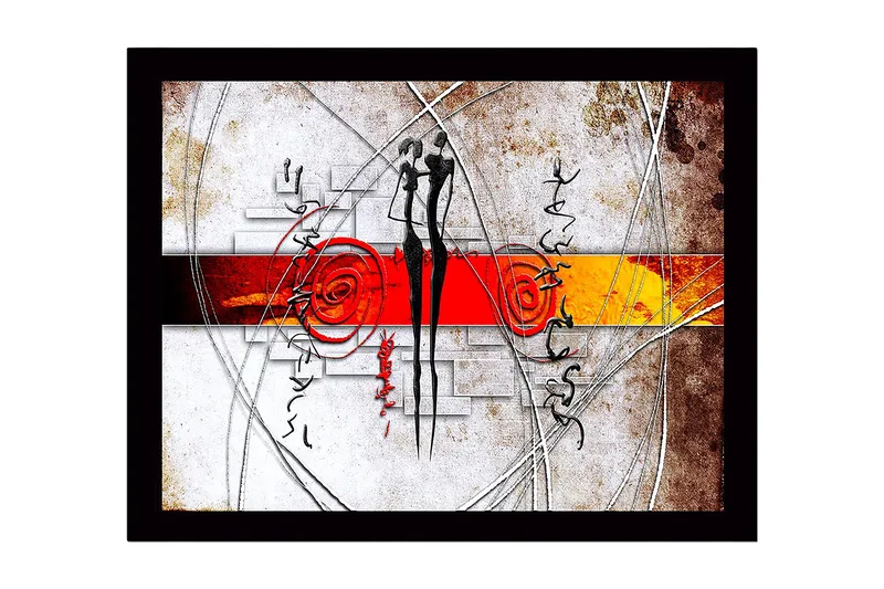 Inramad Canvastavla i trä - 41x56 cm - Abstrakt komposition med två stiliserade figurer i samspel, Röd / Svart / Orange