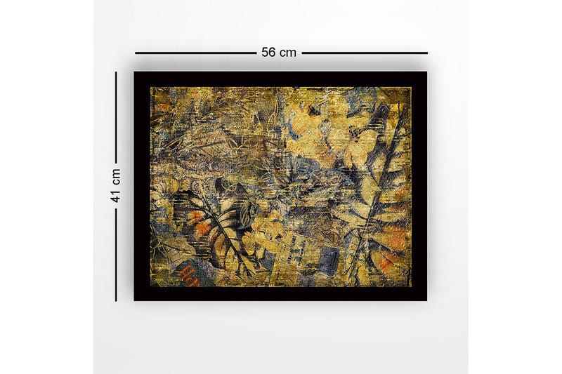 Inramad Canvastavla i trä - 41x56 cm - Abstrakt komposition med växtmotiv och texturer - Guld / Mörkblå / Orange - Inredning & dekor - Tavlor & konst