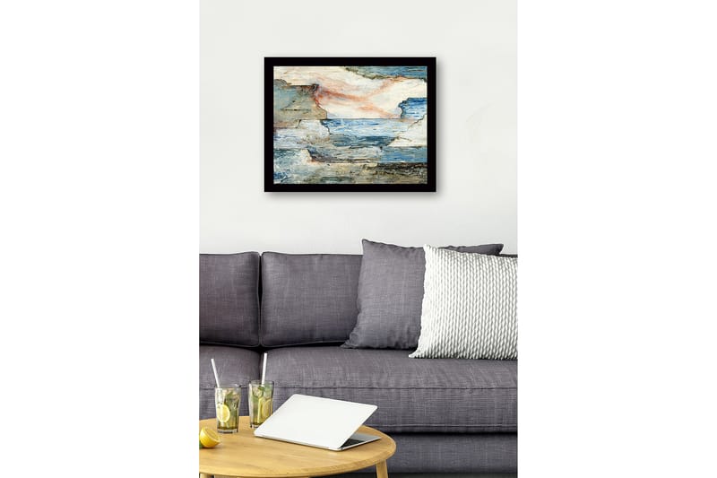 Inramad Canvastavla i trä - 41x56 cm - Abstrakt landskap med hav och klippor - Blå / Grå / Beige - Inredning & dekor - Tavlor & konst