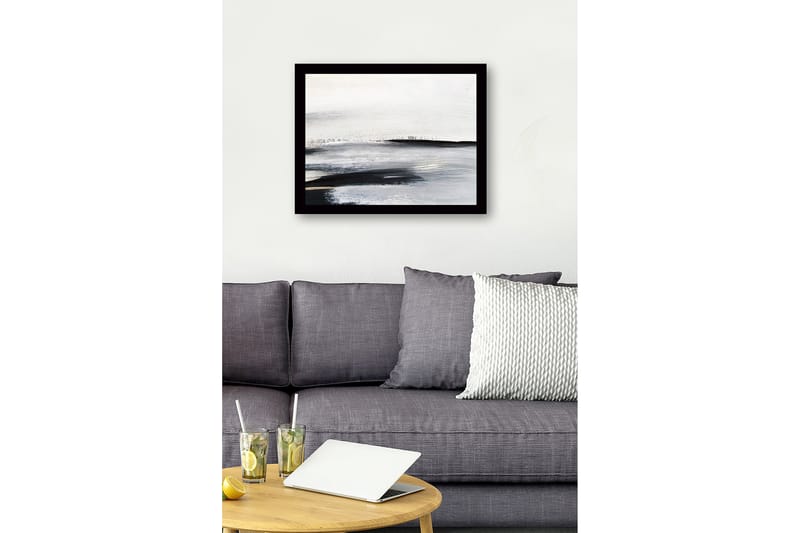 Inramad Canvastavla i trä - 41x56 cm - Abstrakt landskap med mjuka, svepande linjer - Vit / Svart / Grå - Inredning & dekor - Tavlor & konst