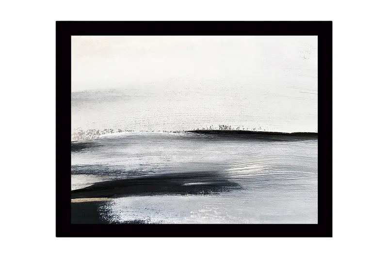 Inramad Canvastavla i trä - 41x56 cm - Abstrakt landskap med mjuka, svepande linjer, Vit / Svart / Grå