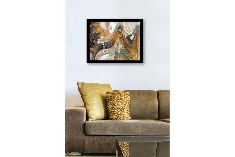 Inramad Canvastavla i trä - 41x56 cm - Abstrakt landskap med svepande linjer och jordnära toner - Guld / Brunt / Svart - Inredning & dekor - Tavlor & konst