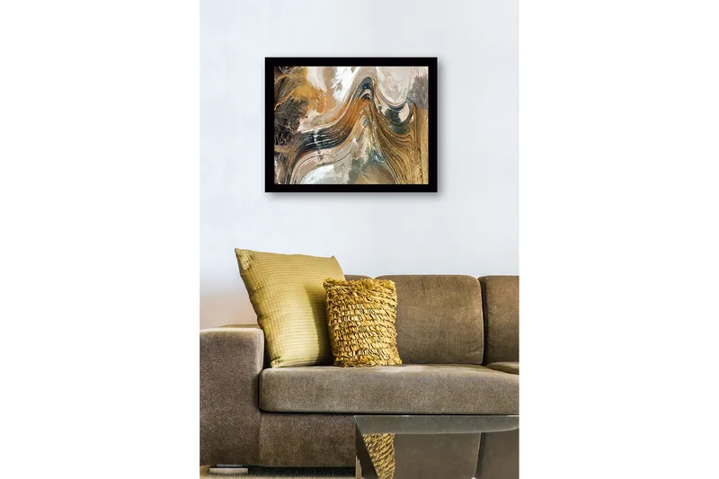 Inramad Canvastavla i trä - 41x56 cm - Abstrakt landskap med svepande linjer och jordnära toner - Guld / Brunt / Svart - Inredning & dekor - Tavlor & konst
