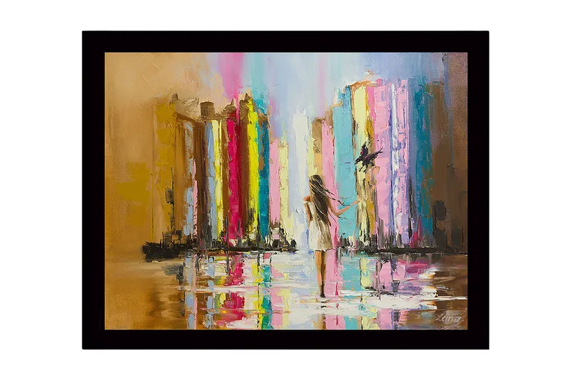 Inramad Canvastavla i trä - 41x56 cm - Abstrakt scen i regn där kvinna går mot ljuset med färgpelare - Flerfärgad - Inredning & dekor - Tavlor & konst