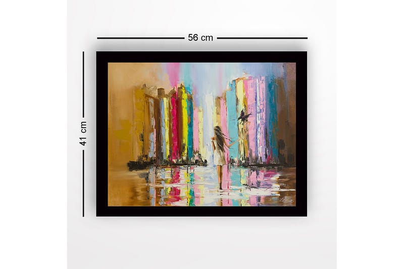 Inramad Canvastavla i trä - 41x56 cm - Abstrakt scen i regn där kvinna går mot ljuset med färgpelare - Flerfärgad - Inredning & dekor - Tavlor & konst