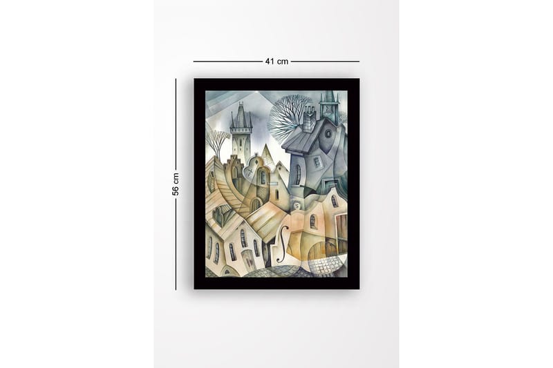 Inramad Canvastavla i trä - 41x56 cm - Abstrakt stadslandskap med böljande hus och torn - Grå / Beige / Ljusblå - Inredning & dekor - Tavlor & konst