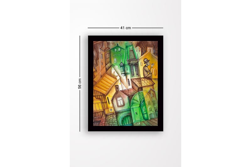 Inramad Canvastavla i trä - 41x56 cm - Abstrakt stadslandskap med vinklade byggnader och en man i hatt - Grön / Brun / Gul - Inredning & dekor - Tavlor & konst