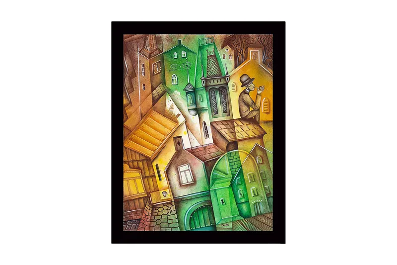 Inramad Canvastavla i trä - 41x56 cm - Abstrakt stadslandskap med vinklade byggnader och en man i hatt, Grön / Brun / Gul