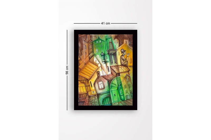 Inramad Canvastavla i trä - 41x56 cm - Abstrakt stadslandskap med vinklade byggnader och en man i hatt - Grön / Brun / Gul - Inredning & dekor - Tavlor & konst
