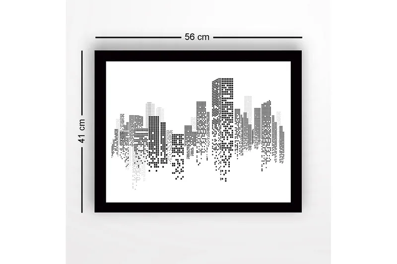 Inramad Canvastavla i trä - 41x56 cm - Abstrakt stadslandskap med pixelerade byggnader - Svart / Vitt / Grått - Inredning & dekor - Tavlor & konst
