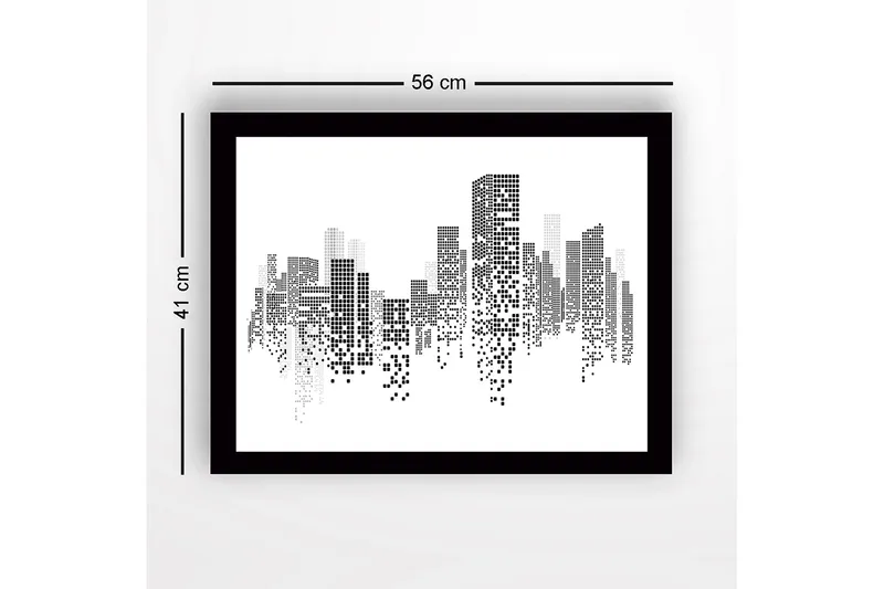 Inramad Canvastavla i trä - 41x56 cm - Abstrakt stadslandskap med pixelerade byggnader - Svart / Vitt / Grått - Inredning & dekor - Tavlor & konst