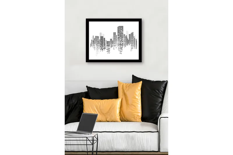Inramad Canvastavla i trä - 41x56 cm - Abstrakt stadslandskap med pixelerade byggnader - Svart / Vitt / Grått - Inredning & dekor - Tavlor & konst