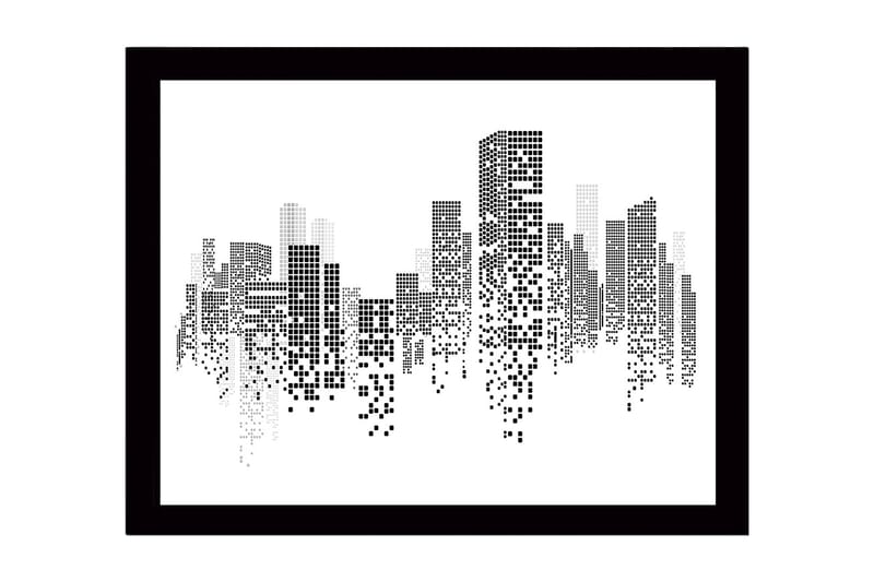 Inramad Canvastavla i trä - 41x56 cm - Abstrakt stadslandskap med pixelerade byggnader - Svart / Vitt / Grått - Inredning & dekor - Tavlor & konst