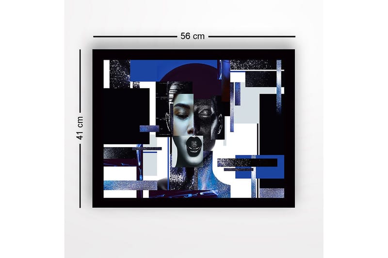 Inramad Canvastavla i trä - 41x56 cm - Abstrakt porträtt av en kvinna med geometriska former och starka kontraster - Mörkblå / Svart / Vit - Inredning & dekor - Tavlor & konst