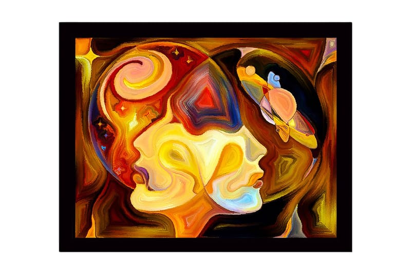Inramad Canvastavla i trä - 41x56 cm - Abstrakt porträtt av två ansikten med kosmiska element, Guld / Orange / Brun