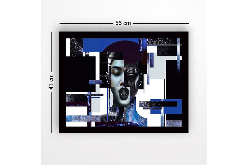 Inramad Canvastavla i trä - 41x56 cm - Abstrakt porträtt av en kvinna med geometriska former och starka kontraster - Mörkblå / Svart / Vit - Inredning & dekor - Tavlor & konst